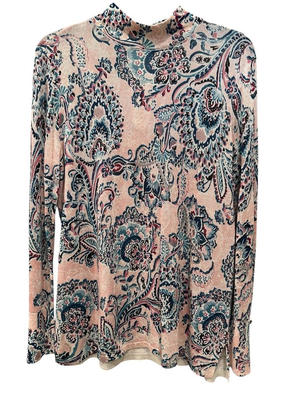 NWT Chico's Pink & Teal Floral Paisley Mock Neck Back Zip Sz 2 Large